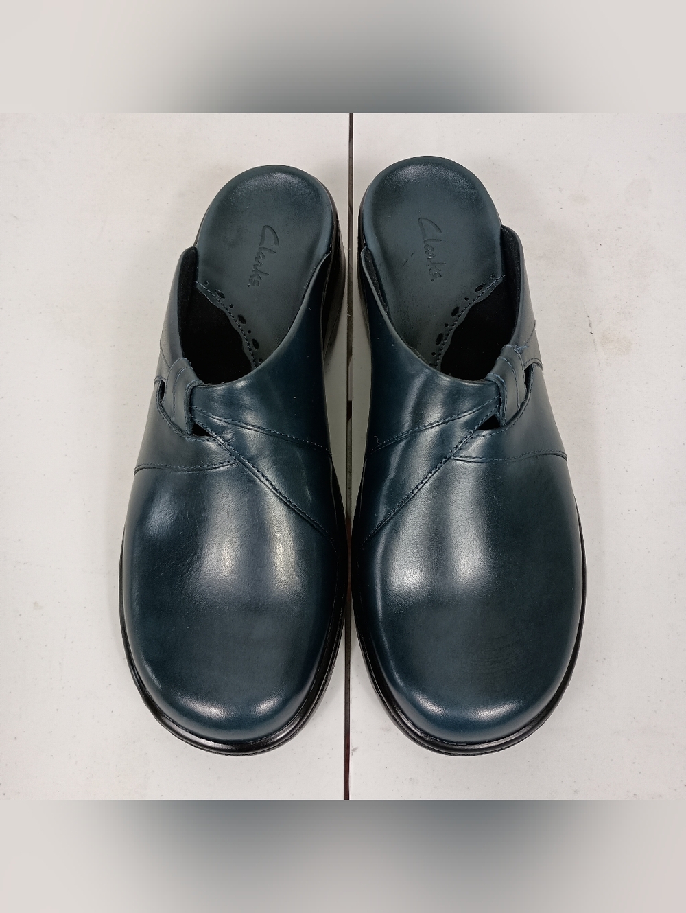Clarks Leather Clogs Mules 8.5 Womens Blue Vegetable Tanned Slip On Ltd Ed VTG - Picture 2 of 12